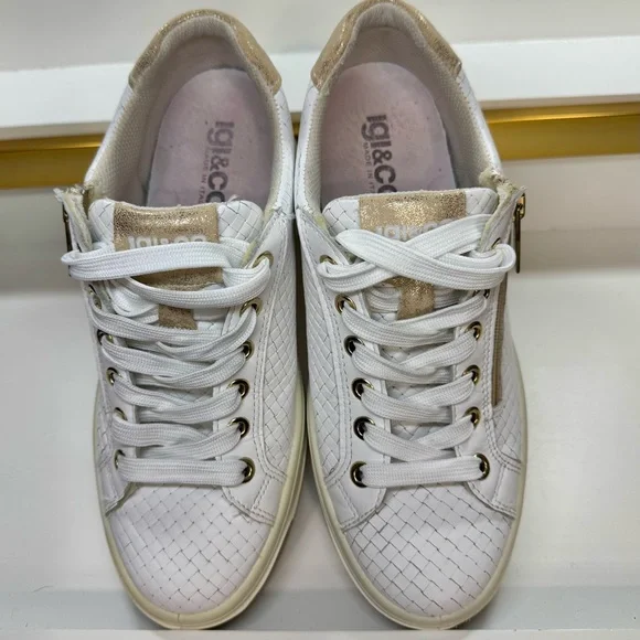 Igi & Co White Woven Leather Platform Sneakers Zip Side Gold Accents Sz Womens 7 - Picture 6 of 16